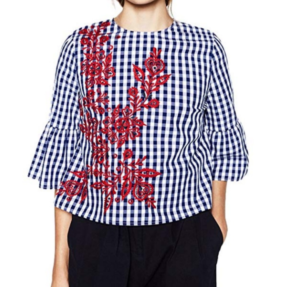Women's Embroidery Floral Striped Blouse